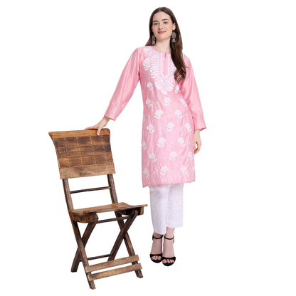 Women Chikankari Chanderi Silk Straght Kurti